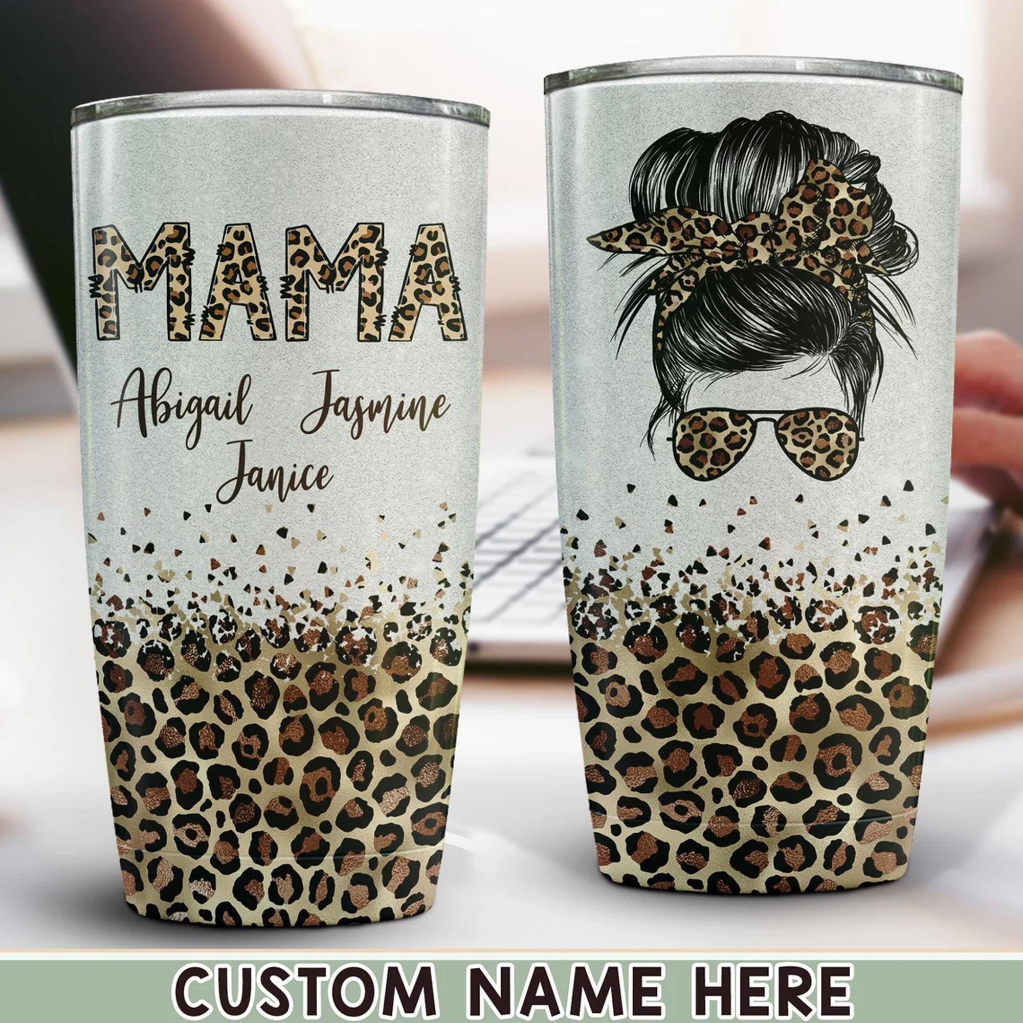 Personalized Leopard Mama Tumbler With Kid Names Custom Mom Tumbler With Kids Names Messy Bun Tumbler Mom Tumbler With Straw